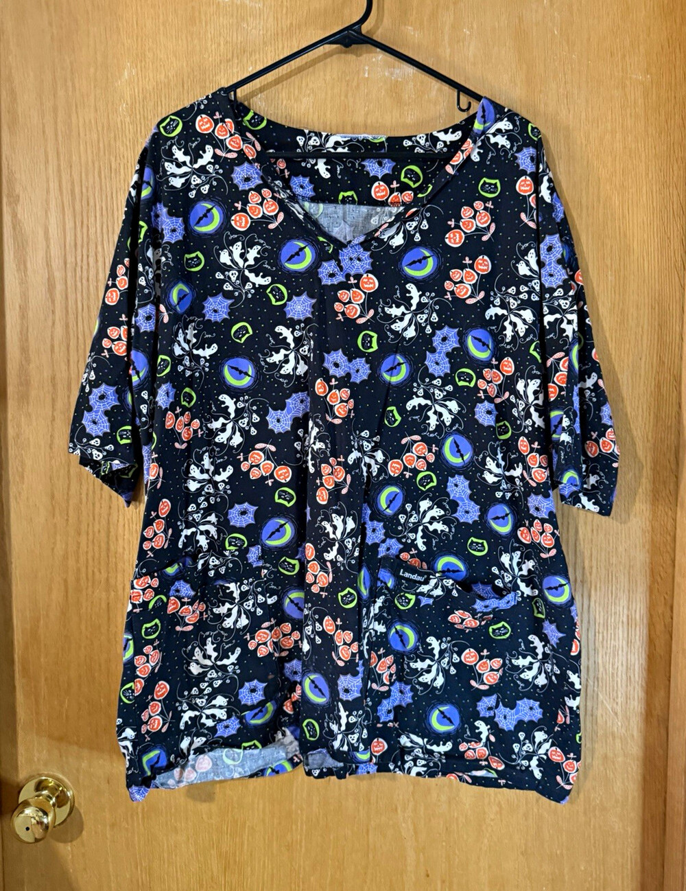 Landau Women’s Halloween Print Scrub Top Short Sleeve Chest Pocket Multi